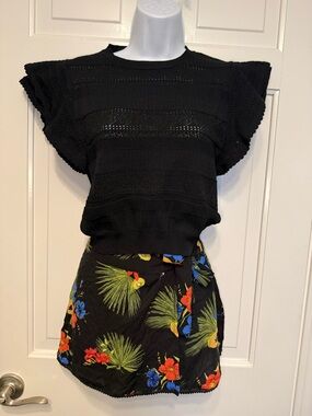 Zara Black Tropical Wrap Mini Skirt with Green Blue Yellow Red Floral Accents